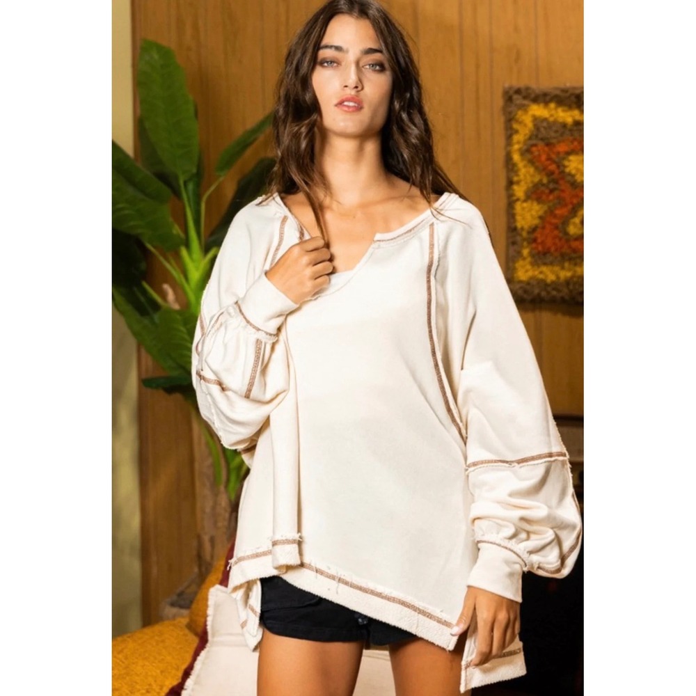 Bucket List Contrast Stitch Detail Oversize Knit Top Cream Size L